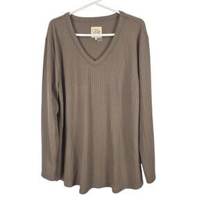 Chaser Waffle Knit Long Sleeve Top XXL Womens Plus Size Brown V Neck Pullover